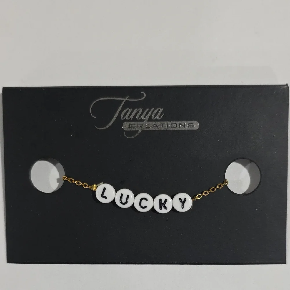 Elegant “LUCKY” Bracelet – Black & White Beads on Gold Chain Affirmation Jewelry